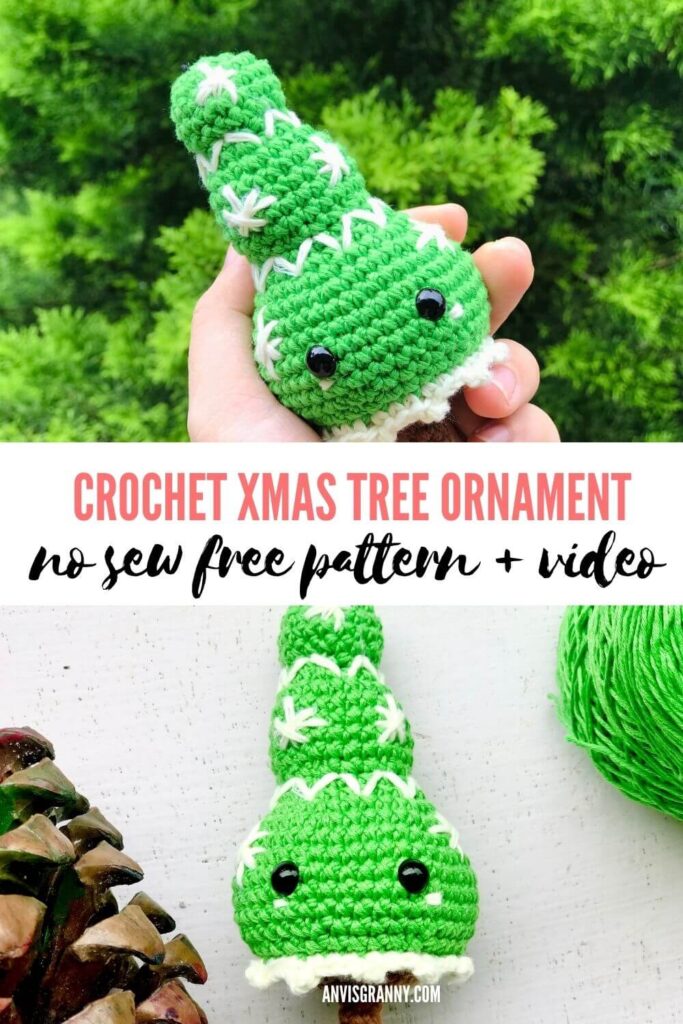 Free Crochet Christmas Ornament Patterns: Tiny Christmas tree ornament no-sew free crochet pattern for beginners