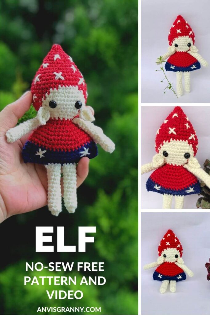 Free No-sew Christmas Mushroom Elf amigurumi pattern and video tutorial for beginners